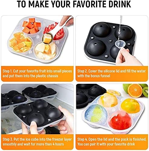seeway large ice cube trays for whiskey, 2.5" flexible 4 ice balls maker with lids & bonus funnel, bpa free round silicone ice cube molds, reusable sphere ice tray for cocktail, bourbon, scotch