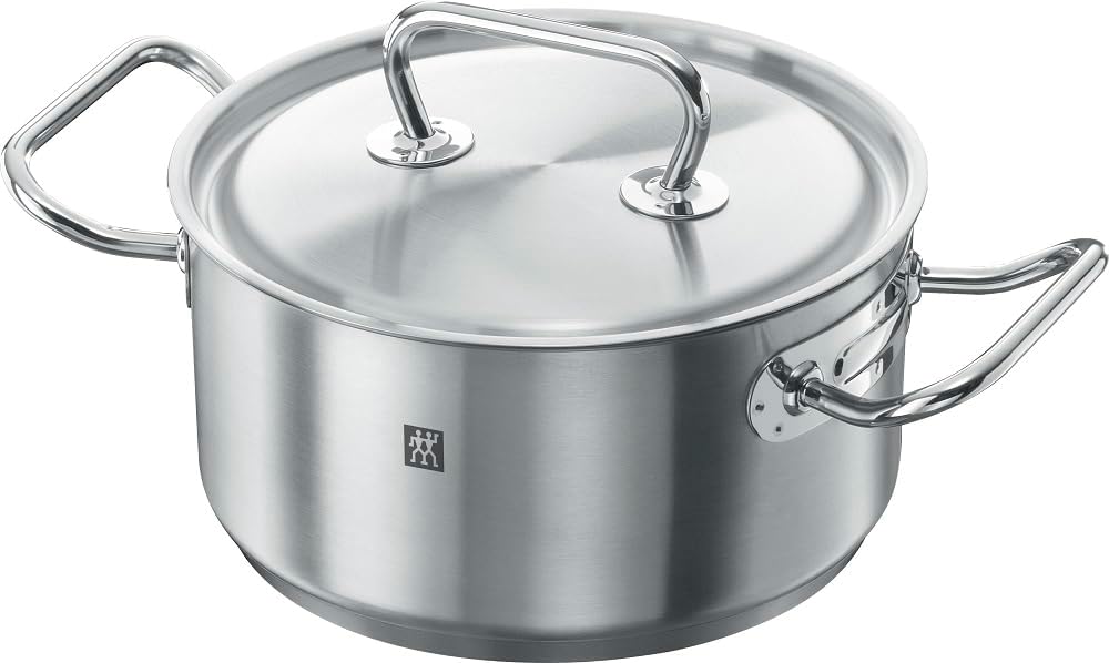 zwilling twin classic 5pc cookware set. 3 ply base. scratch resistant 18/10 stainless steel body. oven safe. dishwasher safe. set: 3 stock pot, 2 frying pans, roaster.