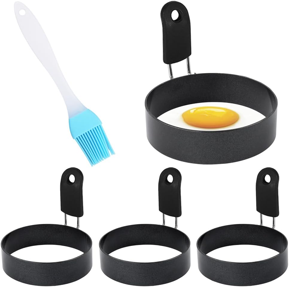 hooto 4pcs egg rings with silicone handle, stainless steel egg cooking rings, nonstick, round mold shaper for frying eggs and egg mcmuffins, egg mold for breakfast 7.5cm with brush
