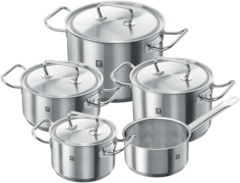 zwilling twin classic 5pc cookware set. 3 ply base. scratch resistant 18/10 stainless steel body. oven safe. dishwasher safe. set: 3 stock pot, 2 frying pans, roaster.