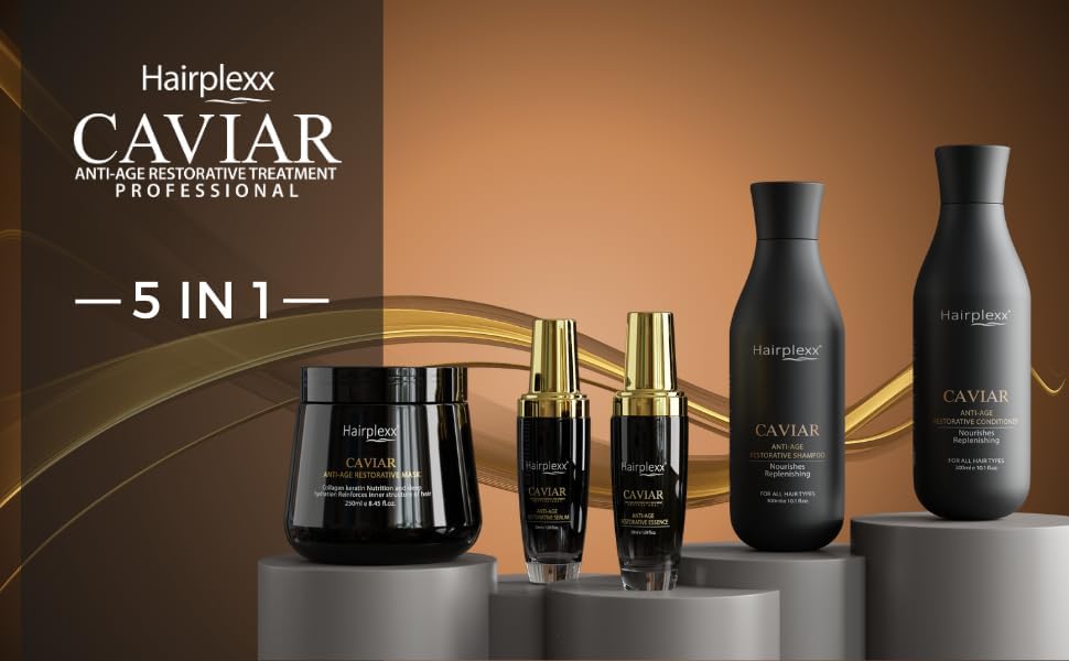 hairplexx caviar anti age restorative treatment professional kit 5 in 1 | for damaged and dry hair, mask, conditioner, serum and essence made with organic extracts