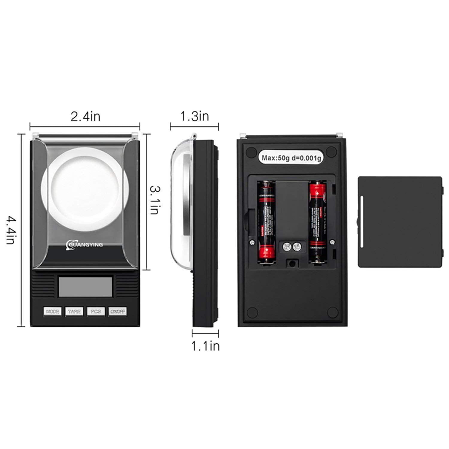 guangying digital milligram jewelry scale 50g / 0.001g reloading,high precision pocket scale,tare & pcs function, lcd display with calibration weights and batteries (50g / 0.001g)