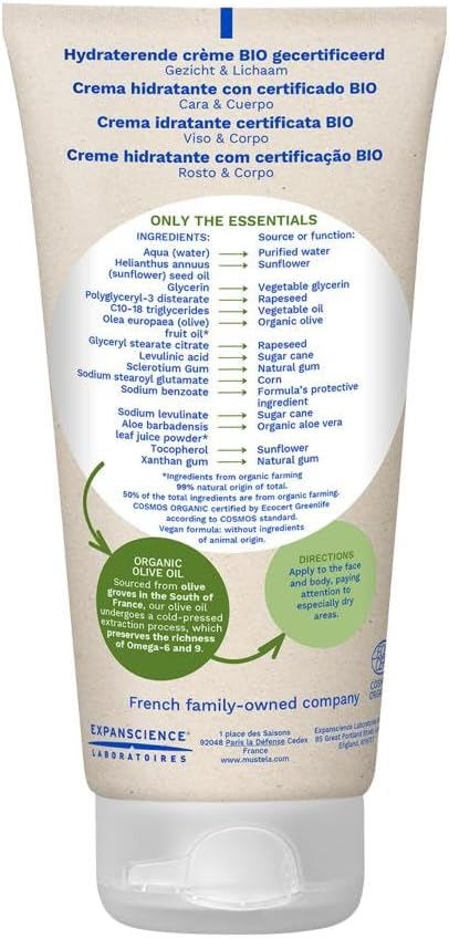 mustela certified organic hydrating cream natural body lotion w/ olive oil, aloe vera & sunflower oil for baby, kid & adult fragrance free, ewg verified & vegan 150ml