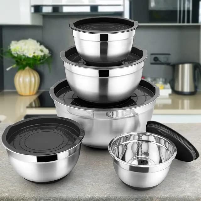cartlyst stainless steel mixing bowls (set of 5) with airtight lids, mixing bowls set ideal for baking, prepping, cooking and serving food, nesting metal bowl for space saving storage
