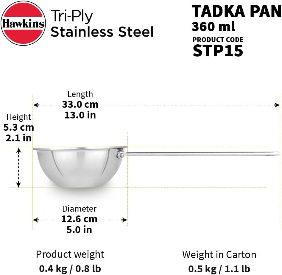 hawkins 1.5 cup tadka pan, 360 ml triply stainless steel pan, induction pan, silver (stp15)
