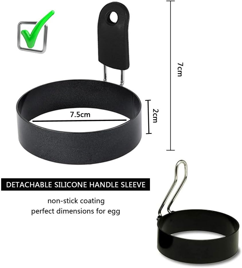 hooto 4pcs egg rings with silicone handle, stainless steel egg cooking rings, nonstick, round mold shaper for frying eggs and egg mcmuffins, egg mold for breakfast 7.5cm with brush