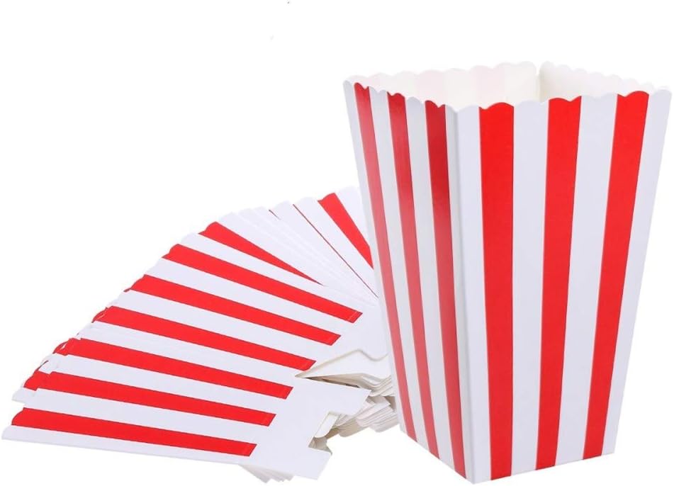 xiehe red striped popcorn boxes carnival parties mini paper popcorn and candy containers, party supplies for movie nights (pack 24)