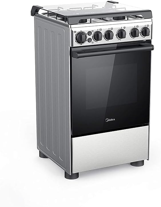 midea 50x55cm freestanding cooker, full gas cooking range with 4 burners, stainless steel, automatic ignition & full safety, cast iron pan support, mechanical timer, heat resistant knobs, bme55007ffd