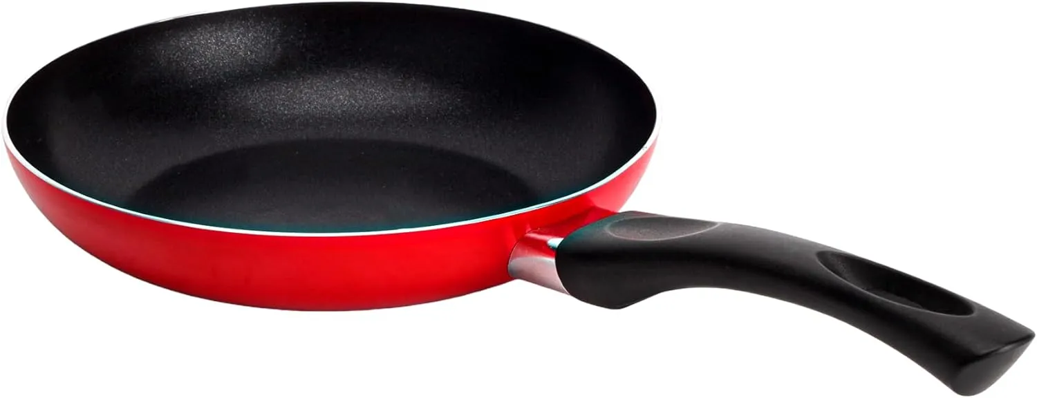 Royalford 22cm Aluminum Nonstick Frypan with Stainless Steel Lid RF12519 Strong Body with 3 Layer Coating and Heat Resistant Bakelite Handle Perfect for Frying, Sauting, Tempering/Red