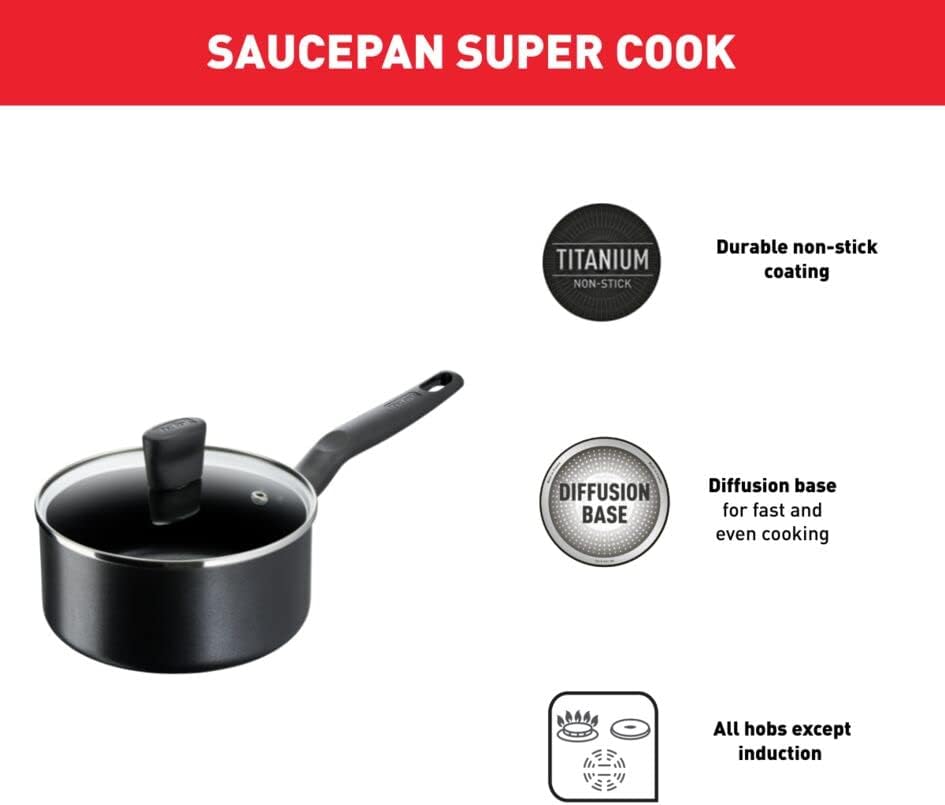 tefal frying pan | g6 super cook 18 cm saucepan with lid | non stick | black | aluminium | 2 years warranty | b4592384
