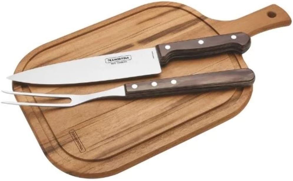 tramontina 3 piece barbecue churrasco set stainless steel professional sharp chef carving knives and forks set with plywood handles.