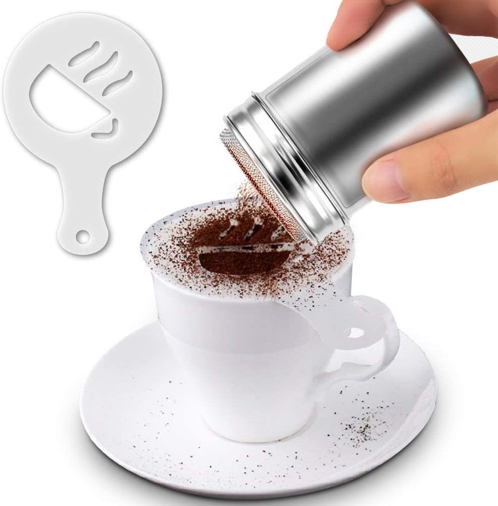 oban 2 stainless steel powder shakers, mesh shaker powder cans for coffee cocoa cinnamon powder with lid, with 16 pcs printing molds stencils