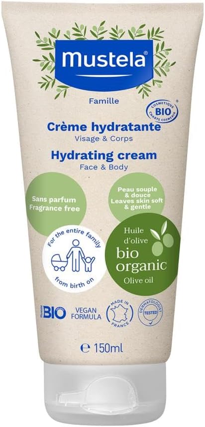 mustela certified organic hydrating cream natural body lotion w/ olive oil, aloe vera & sunflower oil for baby, kid & adult fragrance free, ewg verified & vegan 150ml