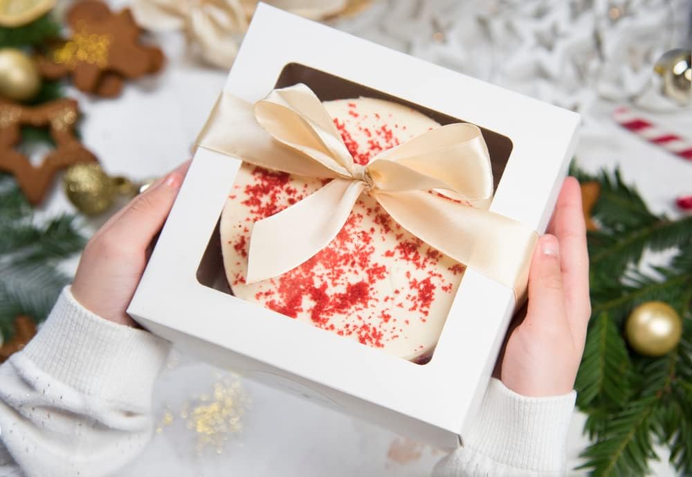 hyfy cake box with clear window white bakery box kraft. best for gifts pie cupcakes cookies, cakes, pastry, desserts, bakery. white cake box 10x10x3.7 inch. silver cake board 9 inch. 5 boxes, 5 boards