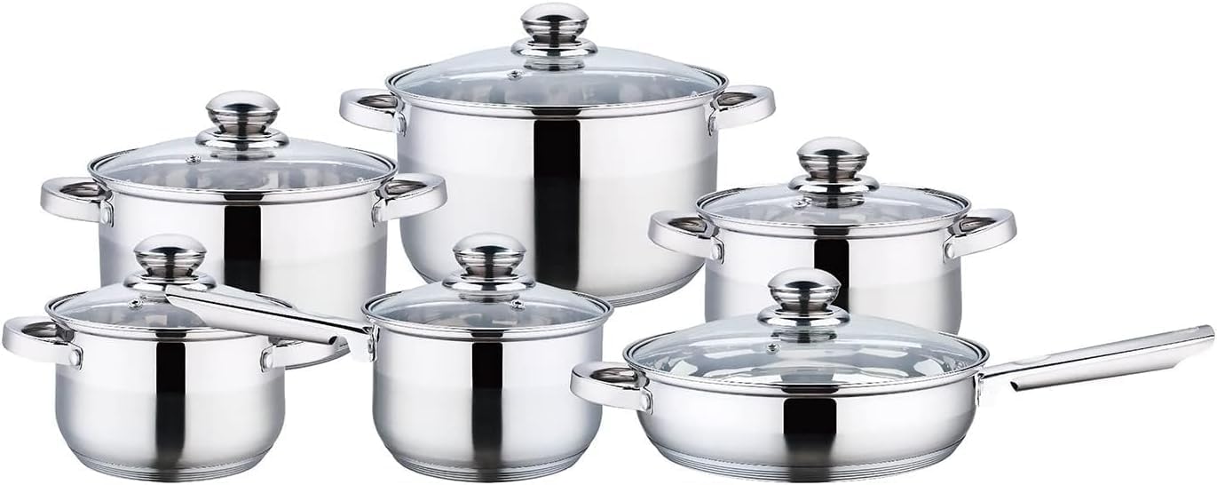 cuisine art wilson stainless steel cookware set, 12 piece, casseroles, saucepan, fry pan, ergonomic handles, all cooktop compatible, dishwasher safe, durable, stylish kitchen essentials