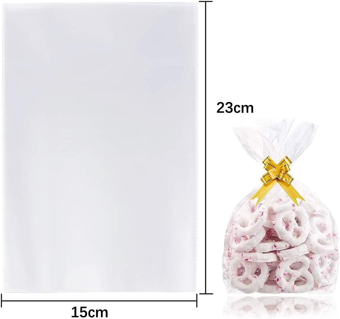 ecvv 100pcs clear cellophane treat bags with twist ties self adhesive cookie bags packing supplies for party favor, candy, cookie, popcorn, dessert, bakery