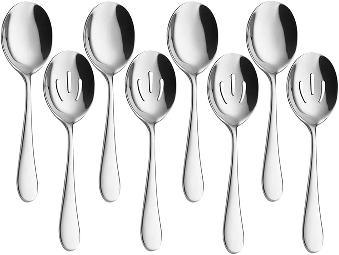 funito 8 piece serving spoons set includes 4 serving spoons and 4 slotted spoons, stainless steel buffet serving utensils mirror polished, dishwasher safe