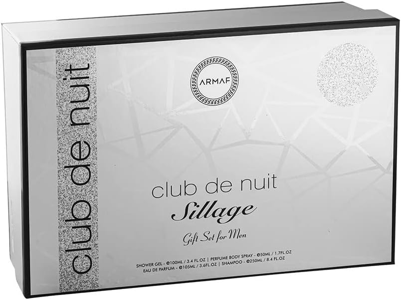armaf club de nuit sillage man 4 pieces gift set for men, eau de parfum 105ml, perfumed body spray 50ml, hair shampoo 250ml, body shower gel 100ml, giftset, for him, silver, perfumes for men