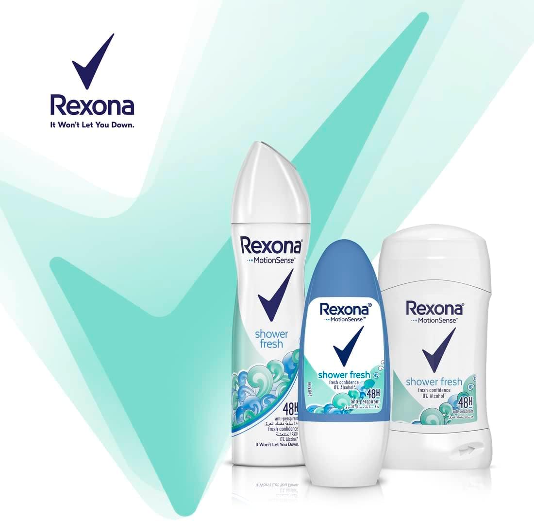 rexona women antiperspirant deodorant spray, 48 hour sweat & odor protection*, shower fresh, with motionsense technology, 3 x 150ml