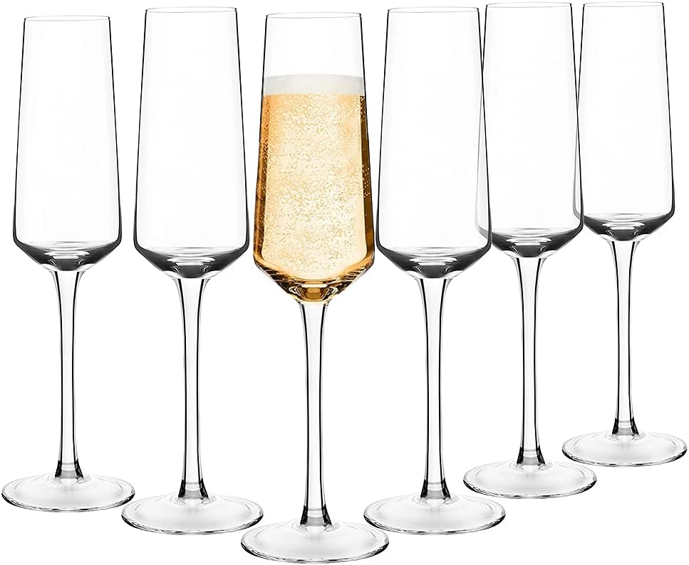 hand blown crystal champagne flutes champagne glasses set of 6 elegant flutes 100％lead free quality sparkling wine stemware set dishwasher safe gift for wedding, anniversary, christmas 8oz clear…