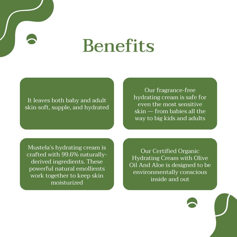 mustela certified organic hydrating cream natural body lotion w/ olive oil, aloe vera & sunflower oil for baby, kid & adult fragrance free, ewg verified & vegan 150ml