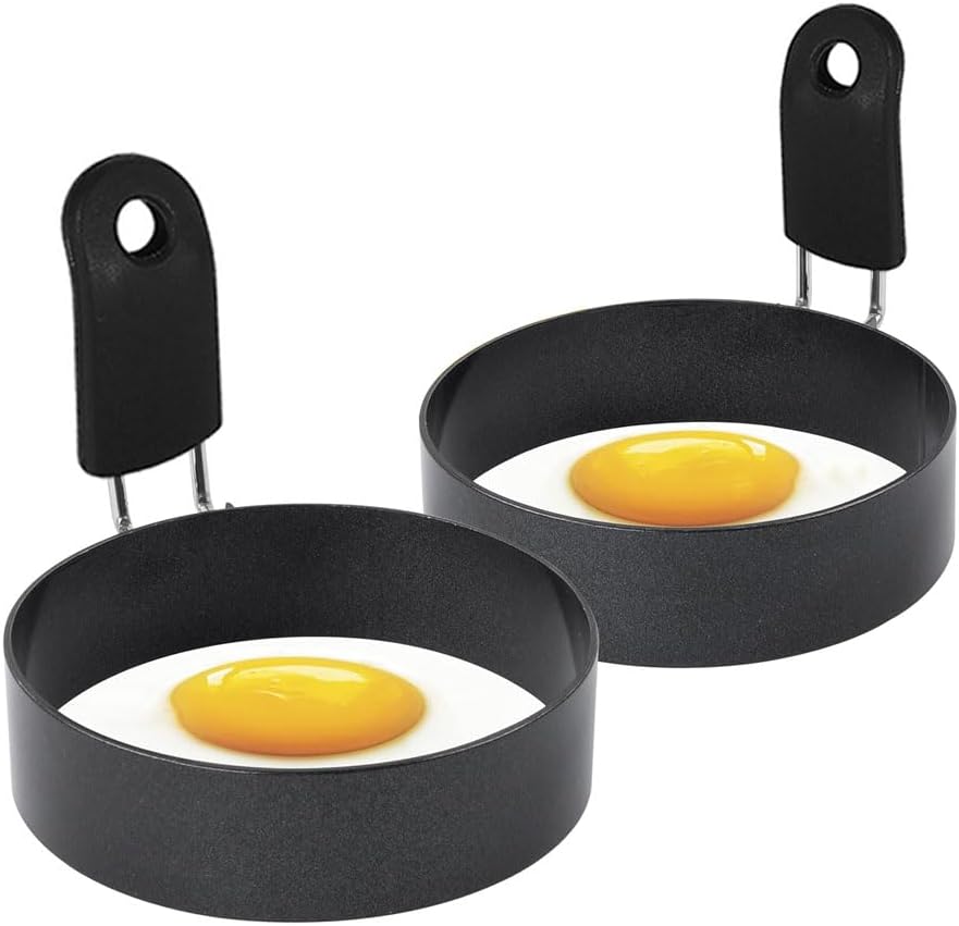 hooto 4pcs egg rings with silicone handle, stainless steel egg cooking rings, nonstick, round mold shaper for frying eggs and egg mcmuffins, egg mold for breakfast 7.5cm with brush