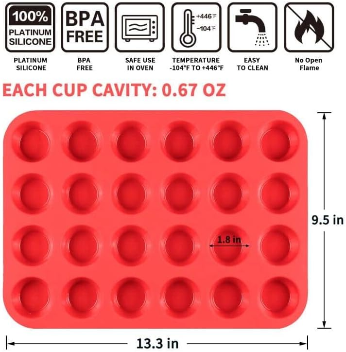caketime silicone muffin pan mini 24 cups cupcake pan, nonstick bpa free silicone baking pan 1 pack