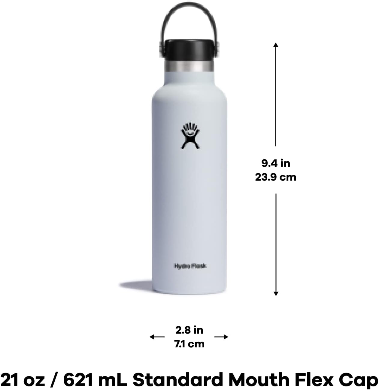 hydro flask 21 oz double wall vacuum insulated stainless steel leak proof sports water bottle, standard mouth with bpa free flex cap, black