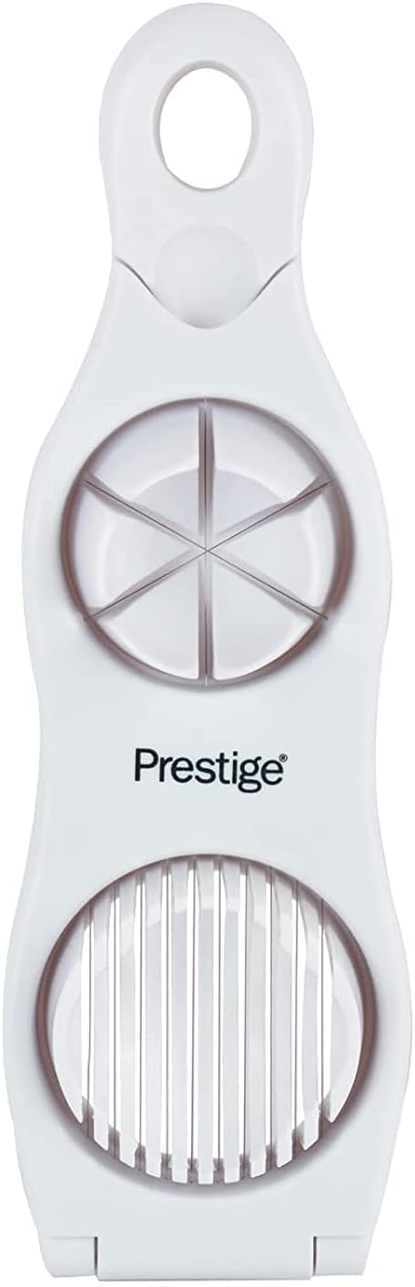 prestige 2 way egg slicer|stainless steel blades|two distinct styles horizontal and vertical|lightweight white