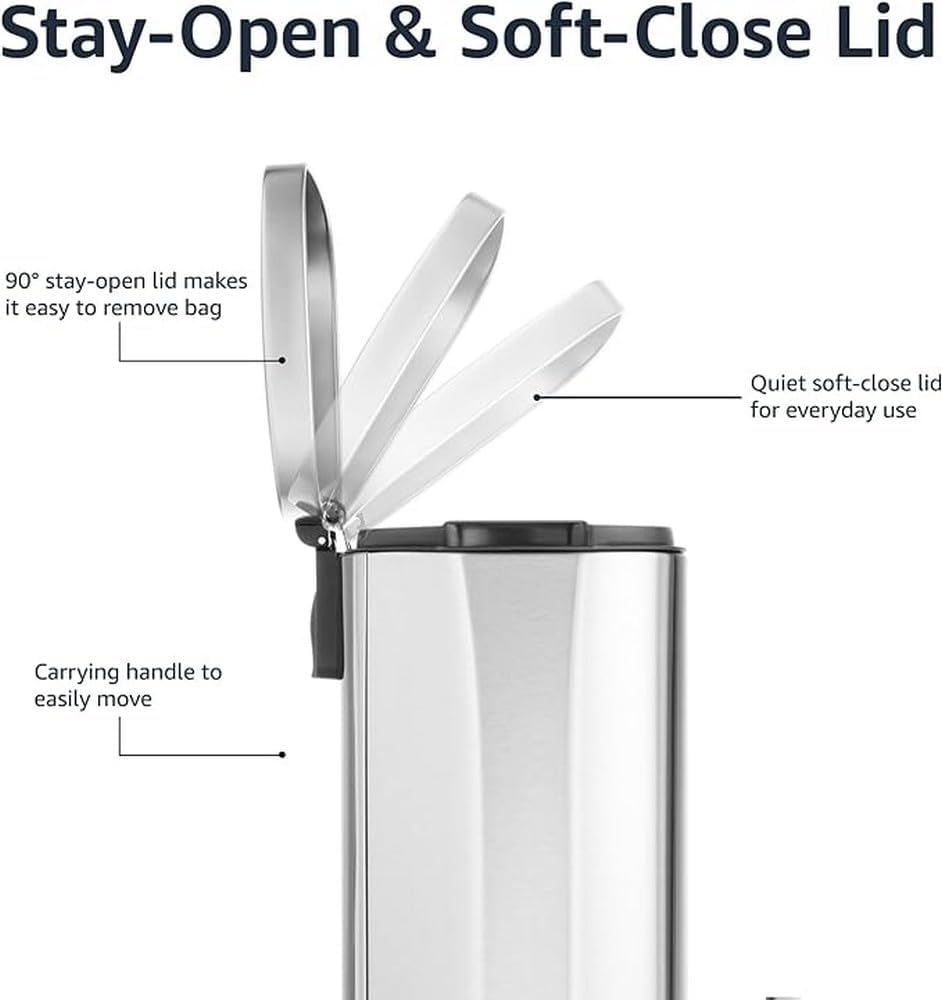 amazon basics smudge resistant rectangular trash can with soft close foot pedal, brushed stainless steel, 30 liter 7.9 gallon, satin nickel finish