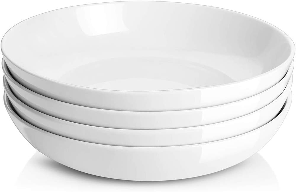 dowan 9.75" large pasta bowls, ceramic salad bowls 50 ounce, shallow pasta bowls set of 4, serving bowls and plates set, microwave and dishwasher safe, white