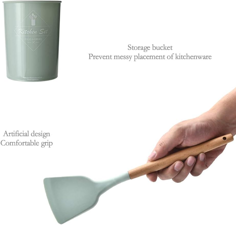 comcreate silicone cooking kitchen 11pcs wooden utensils tool for nonstick cookware,cooking utensils set with bamboo wood handles for nonstick cookware，non toxic turner tongs spatula spoon set