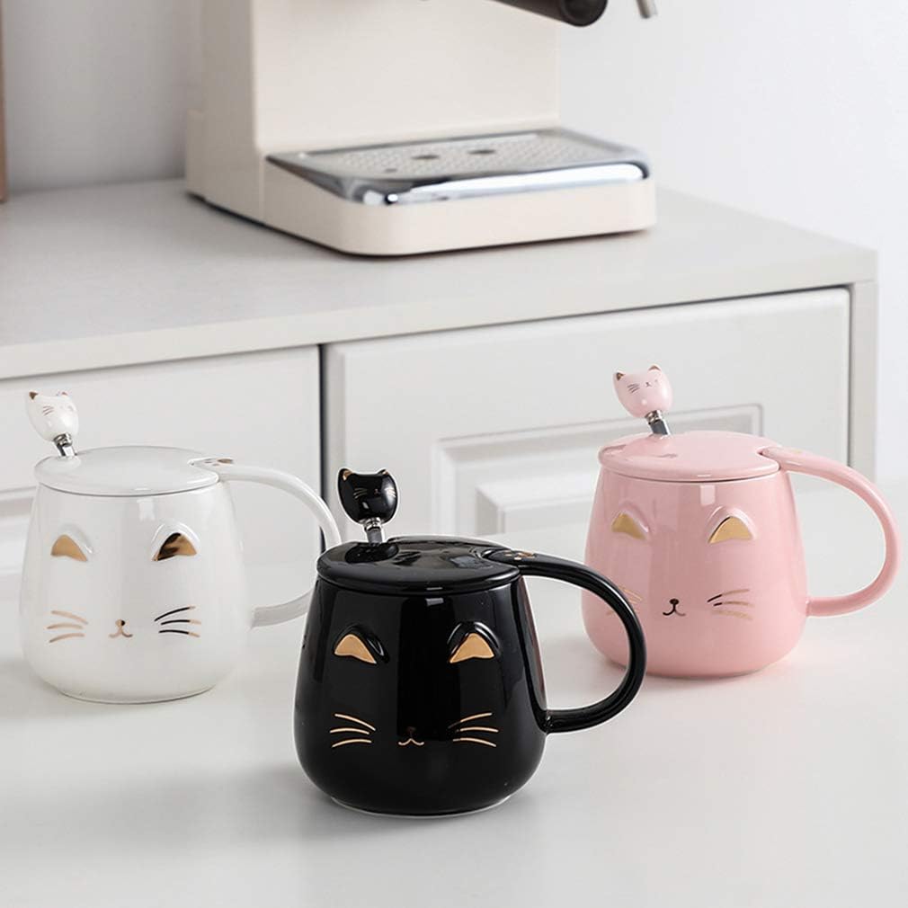sulfar angelice home black cat mug, cute kitty ceramic coffee mug with stainless steel spoon, novelty coffee mug cup for cat lovers women girls