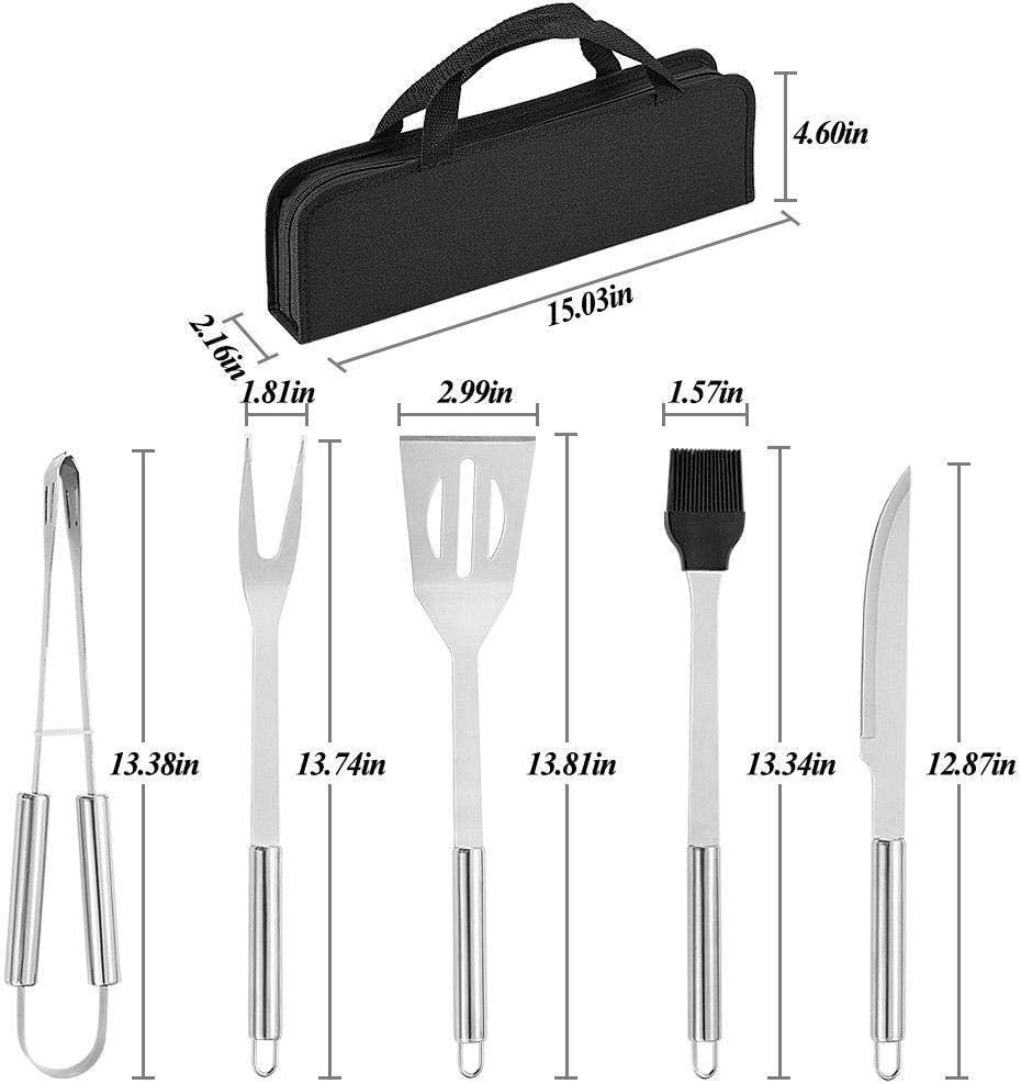 stainless steel bbq grill tool set with knife brush fork spatula and tong with oxford bag (5 pieces)