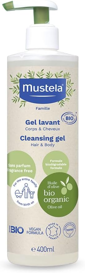 mustela certified organic cleansing gel natural hair & body wash w/olive oil & aloe vera for baby, kid & adult fragrance free, tear free, vegan & biodegradable 400ml