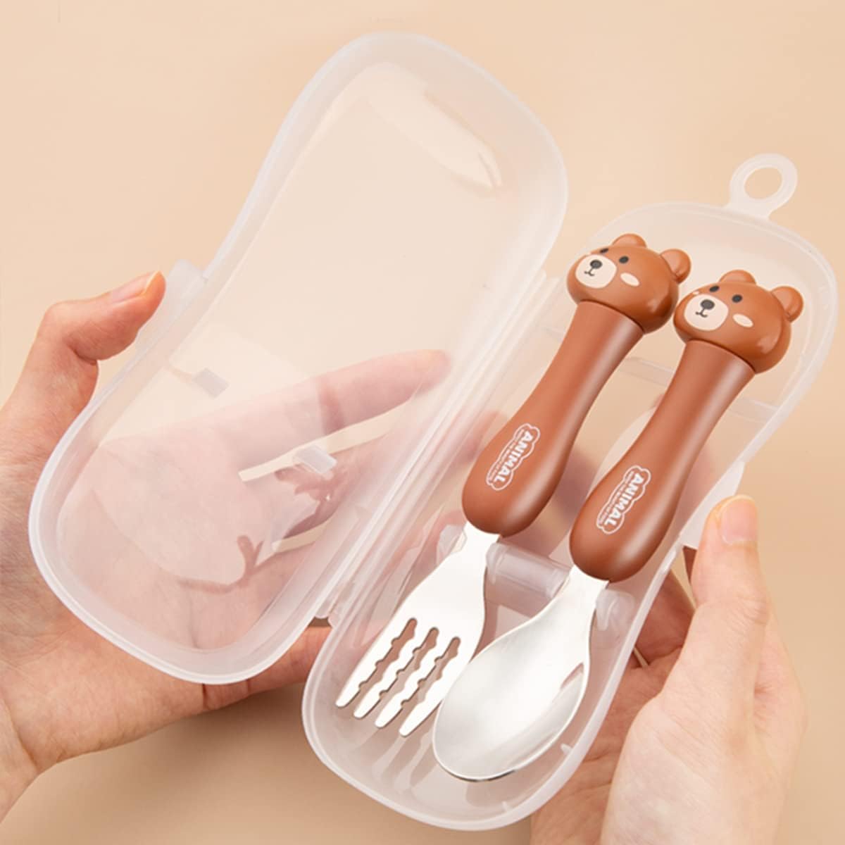ibama cartoon toddler utensils cute animal stainless steel children's tableware set student fork and spoon two piece creative cutlery set with portable travel case for girls boys kids bear brown