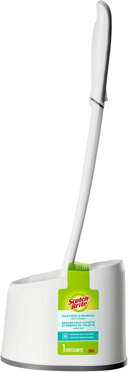 scotch brite holder set (with holder) toilet bowl & rim brush, 1 set/pack | cleaning brush with long handle | discreet washroom cleaner| compact round design | clears clogged toilets and drains