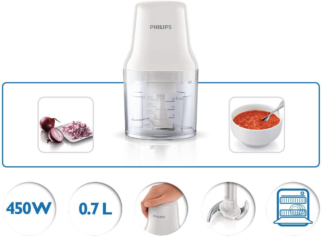 philips chopper daily collection 450w, 0.7l plastic bowl, 2 blades, white hr1393/01