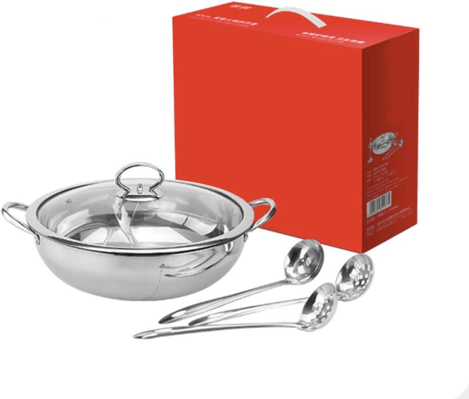 stainless steel shabu shabu dual sided hot pot set of 5 included 2 slotted spoon & 1 soup ladle
