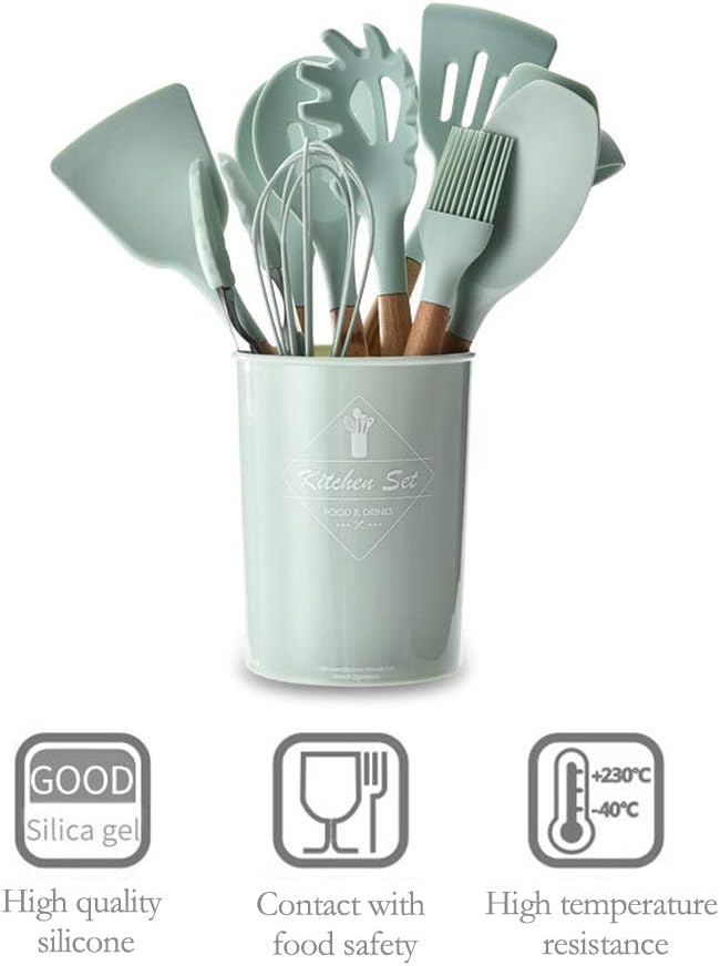 comcreate silicone cooking kitchen 11pcs wooden utensils tool for nonstick cookware,cooking utensils set with bamboo wood handles for nonstick cookware，non toxic turner tongs spatula spoon set