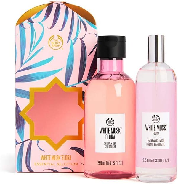 the body shop white musk® flora mist essentials selection full sized shower gel and fragrance mist both blend uplifting notes of mandarin and bergamot with peony and lily of the valley.