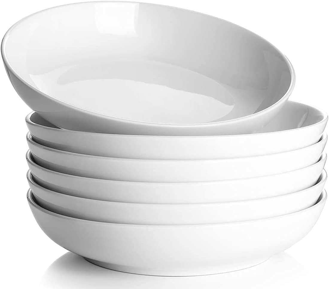 dowan pasta bowls 32oz, large salad serving bowls, white pasta bowl set of 6, ceramic soup bowls, wide & shallow, microwave & dishwasher safe