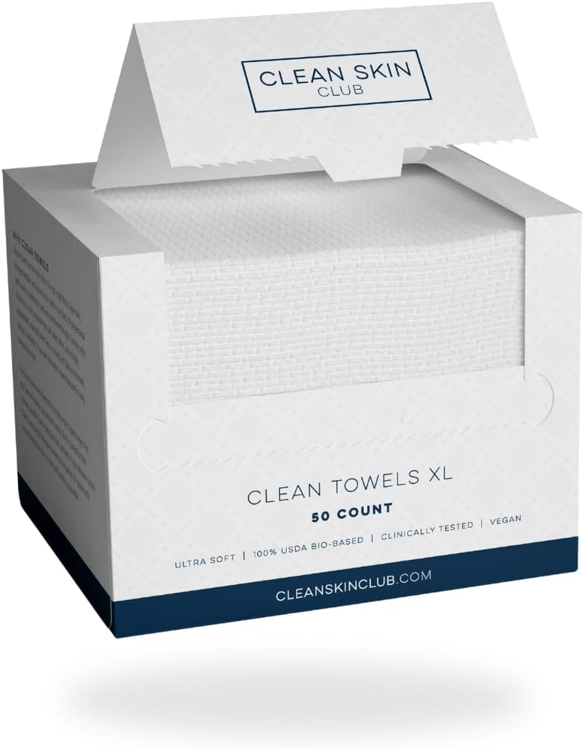 clean skin club csc ct clean towels xl/world's first biodegradable face towel/disposable makeup removal wipes/super soft 50 count single boxwhite