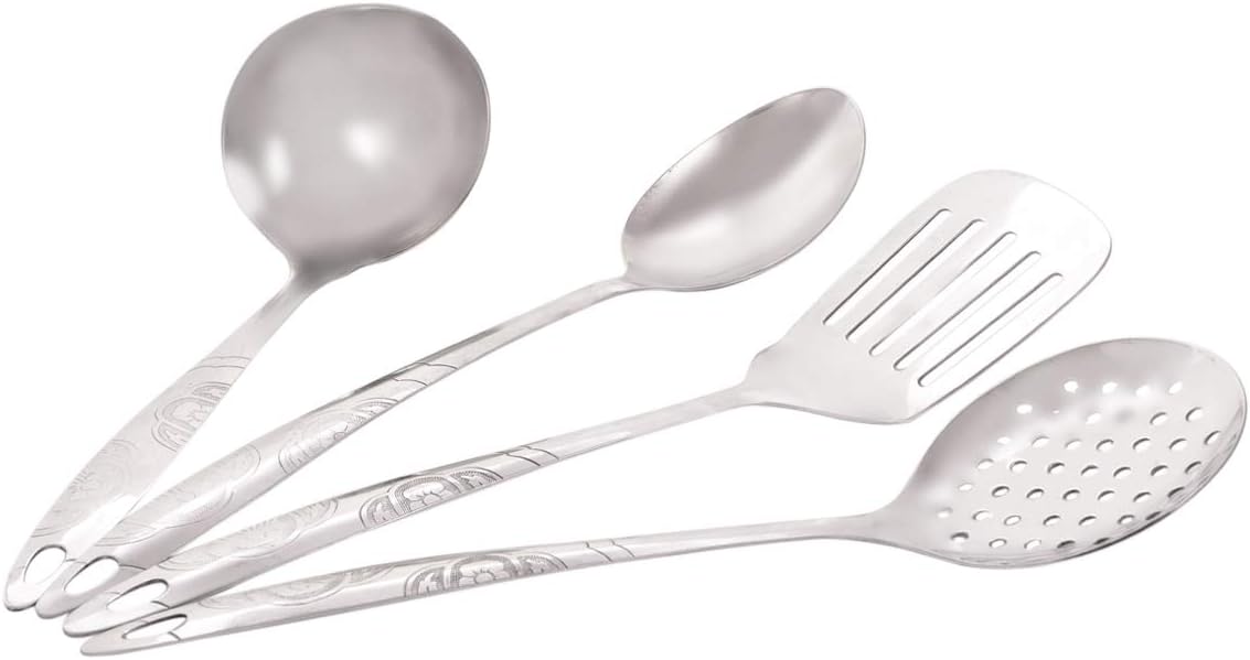 raj stainless steel cooking utensil set of 4 pieces, 14 inch, vpi027, cooking spoon , serving spoon , stirring soup spoon , cooking turner , pancake flipper , pasta skimmer