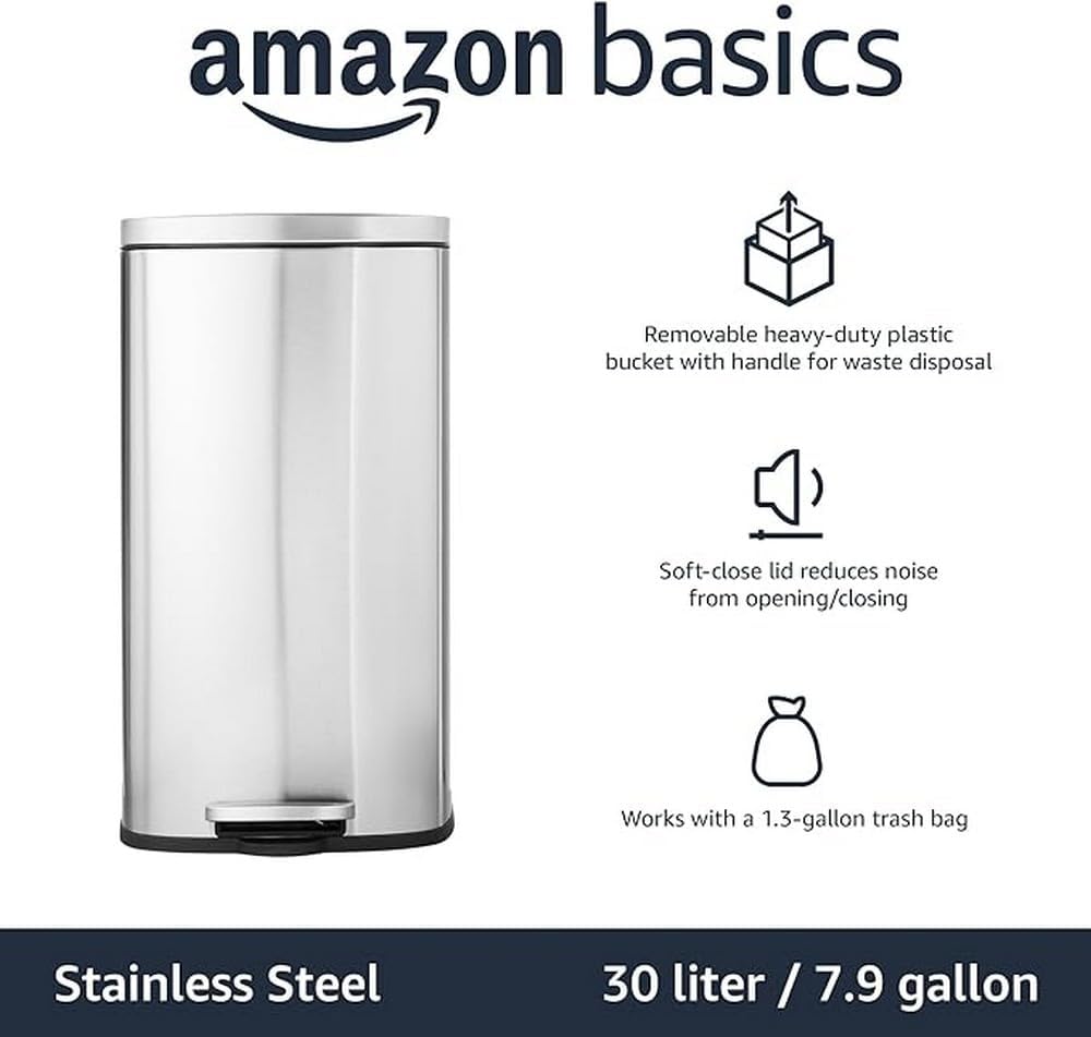 amazon basics smudge resistant rectangular trash can with soft close foot pedal, brushed stainless steel, 30 liter 7.9 gallon, satin nickel finish