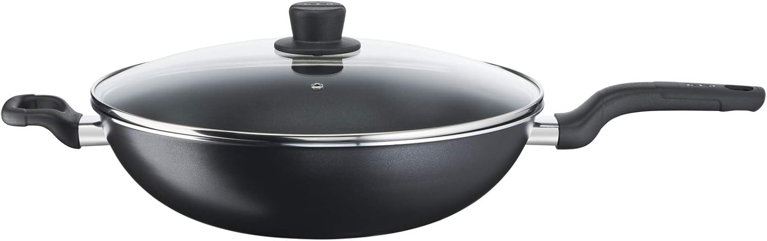 tefal wok pan with lid | cook easy xl 36 cm frying pan |non stick frypan | aluminium | black | 2 years warranty | b5039296