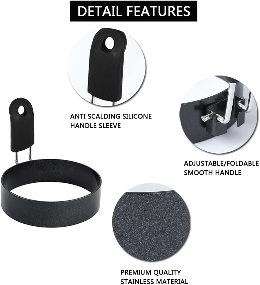 hooto 4pcs egg rings with silicone handle, stainless steel egg cooking rings, nonstick, round mold shaper for frying eggs and egg mcmuffins, egg mold for breakfast 7.5cm with brush