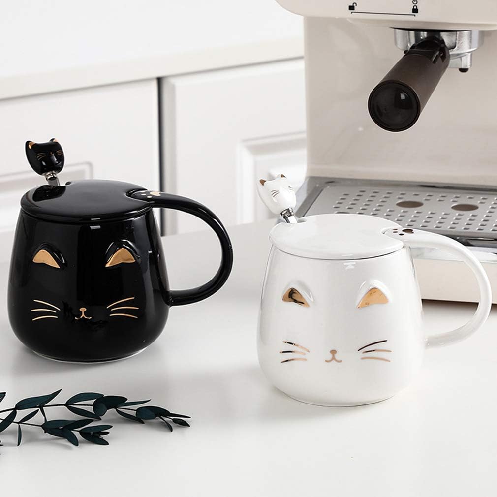 sulfar angelice home black cat mug, cute kitty ceramic coffee mug with stainless steel spoon, novelty coffee mug cup for cat lovers women girls