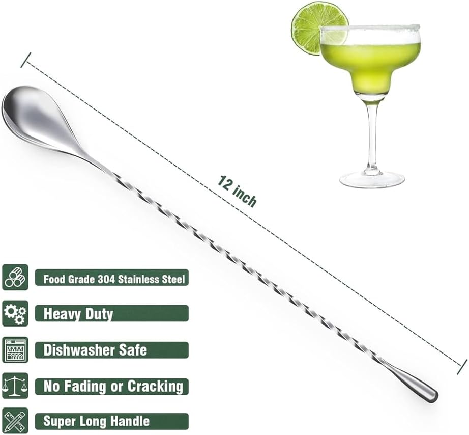amerteer 2 pack 12 inches stainless steel bartender mixing spoon cocktail stirrers spiral pattern bar spoon stirring spoons cocktail spoon with long handle drink stirrer – silver