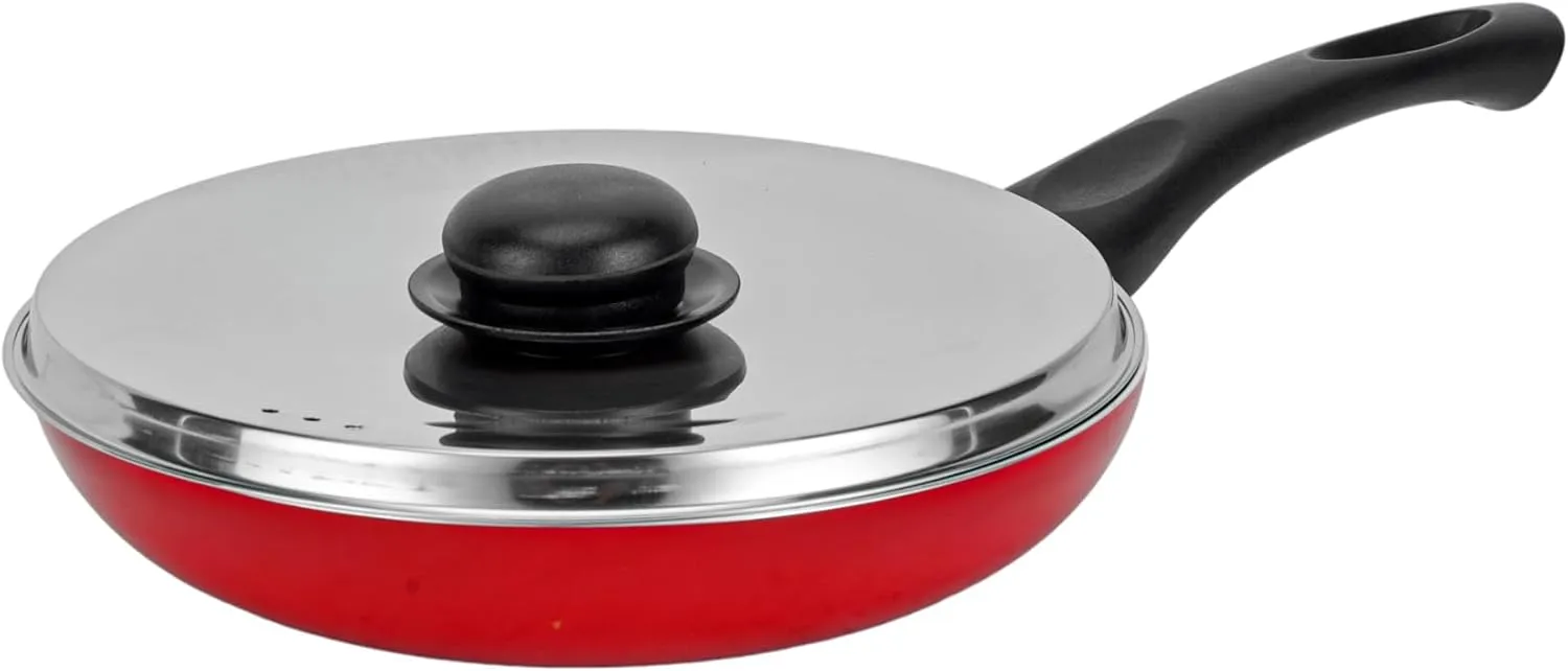 Royalford 22cm Aluminum Nonstick Frypan with Stainless Steel Lid RF12519 Strong Body with 3 Layer Coating and Heat Resistant Bakelite Handle Perfect for Frying, Sauting, Tempering/Red